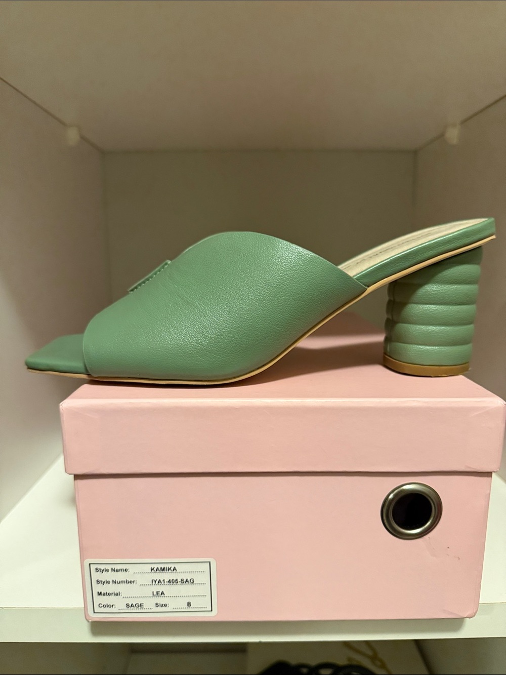 INTENTIONALLY BLANK Sage Green Leather Block Heel Mules